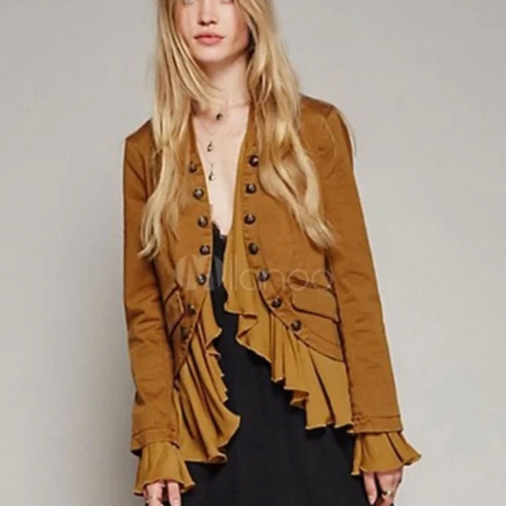 Free People Romantic Ruffle Ruffles Jacket Size Small S Brown Tan